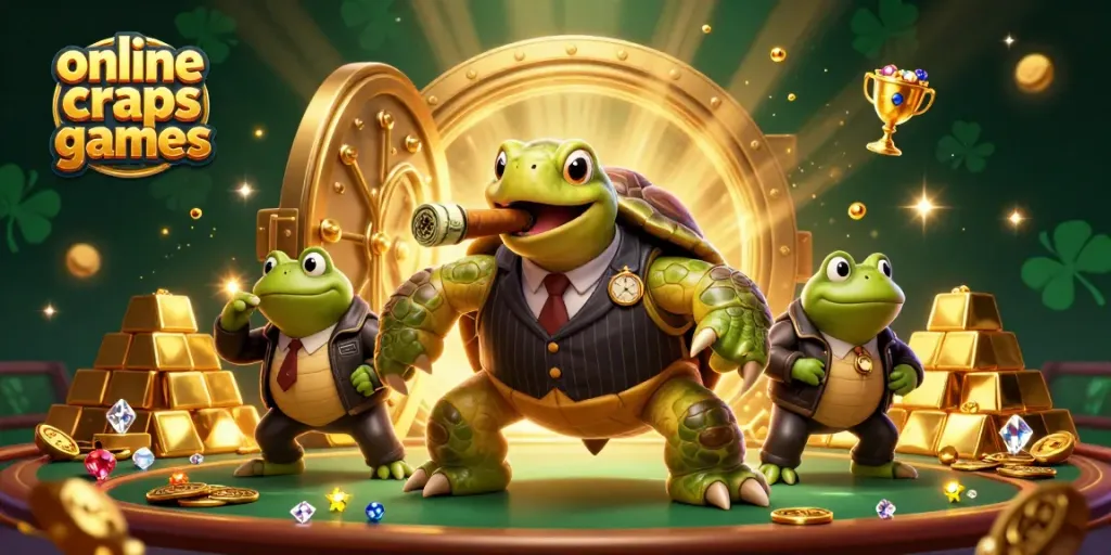 Experience thrilling online craps games with a dynamic scene featuring a turtle mobster and bullfrog enforcers.