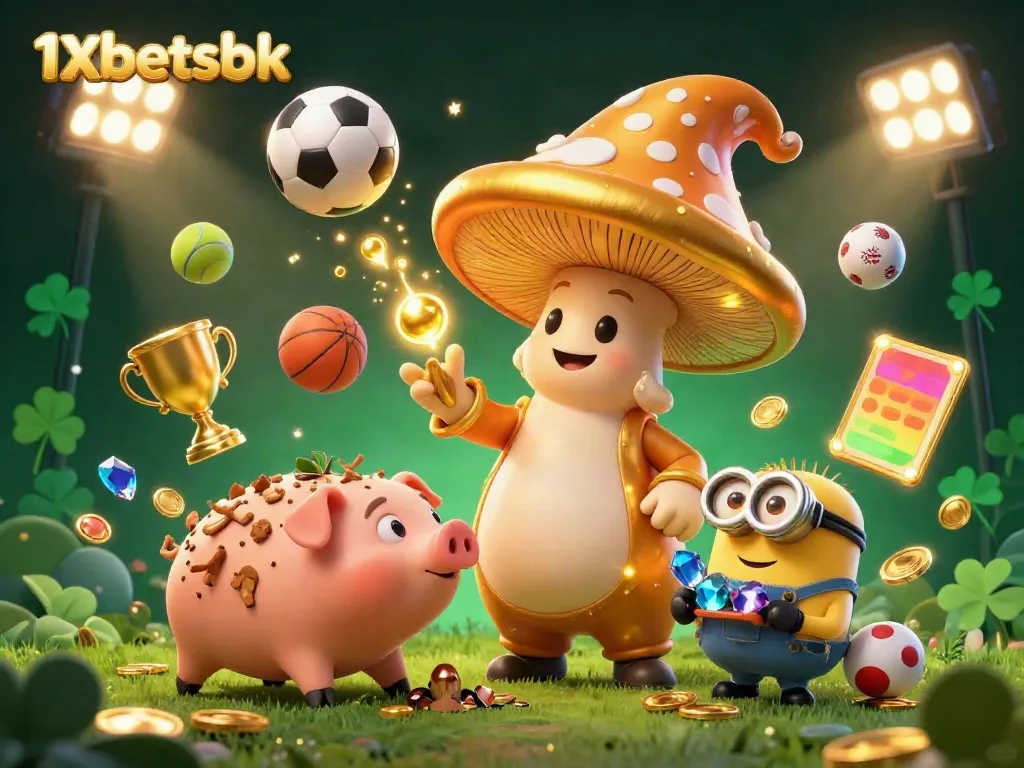 Experience the magic of 1xbetsbk with our vibrant 3D illustration featuring a golden mushroom wizard.