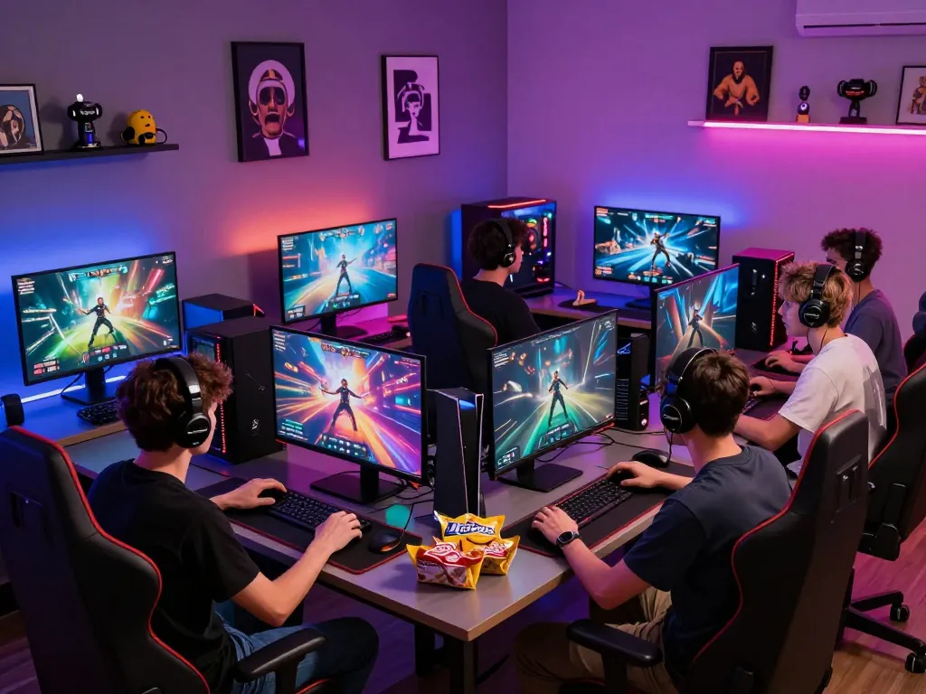 Engaged gamers enjoying www.mantra88.com in a vibrant gaming setup with colorful games and snacks.