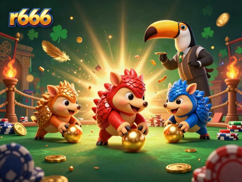 Experience thrilling action at r666 with rival cartoon pangolins bowling chips in a dynamic casino scene.