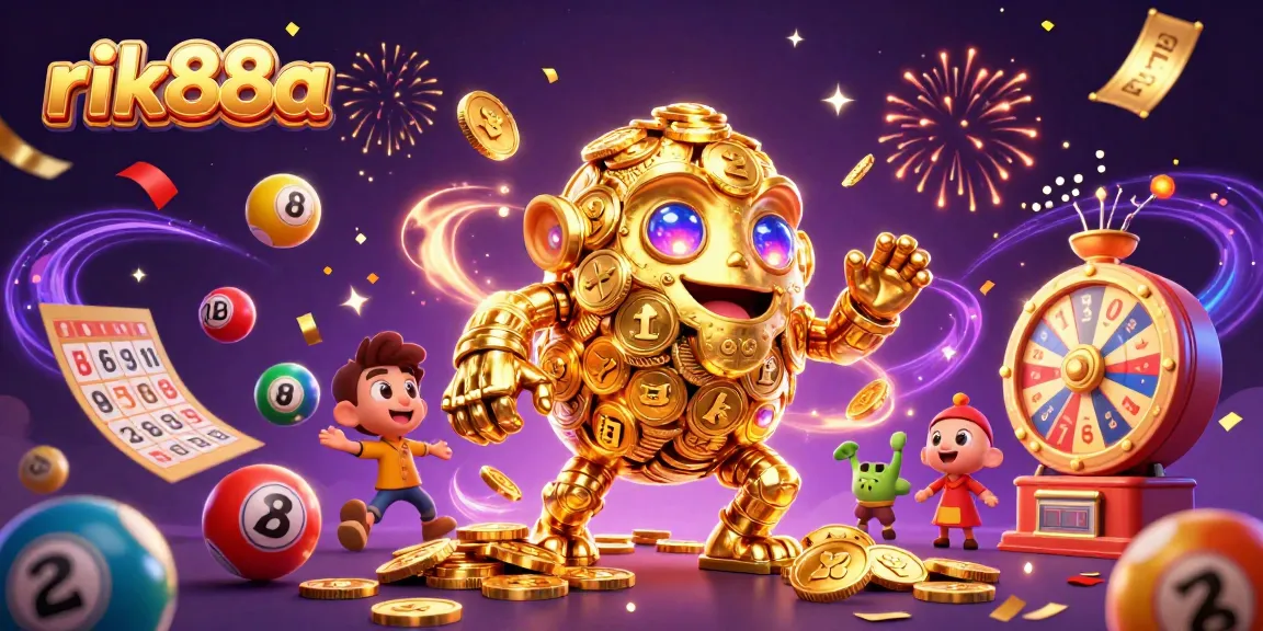 Experience thrilling gameplay with rik88a's golden golem character surrounded by lottery elements and celebratory visuals.