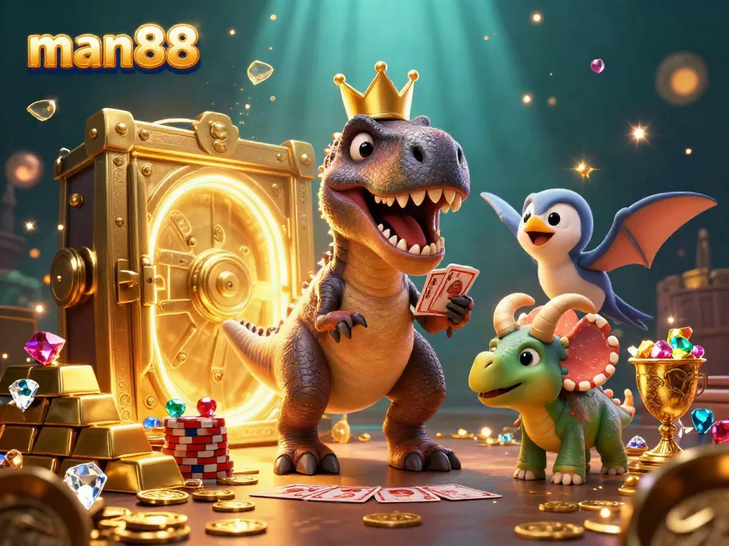 Experience the excitement of man88 with a T-Rex shuffling cards, surrounded by treasure and dynamic casino elements.