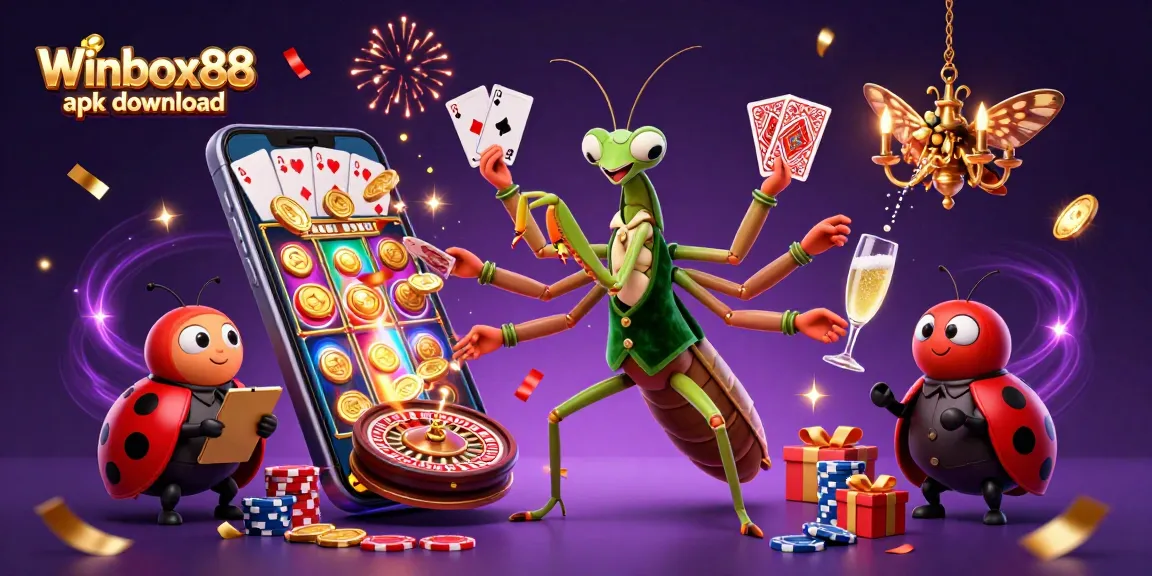 Experience the Winbox88 apk download with a vibrant gaming scene featuring unique characters and slot games.