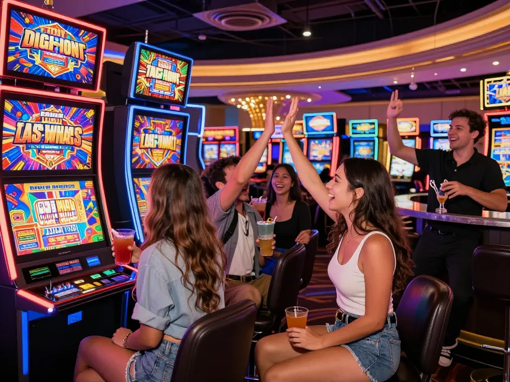 Friends enjoying gaming excitement at vegasslot77.com in a vibrant Las Vegas casino atmosphere.
