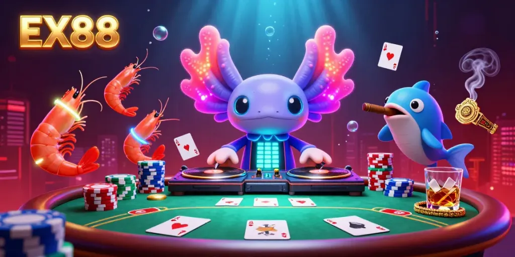 Exciting underwater casino scene featuring EX88 with neon axolotl DJ and poker elements.