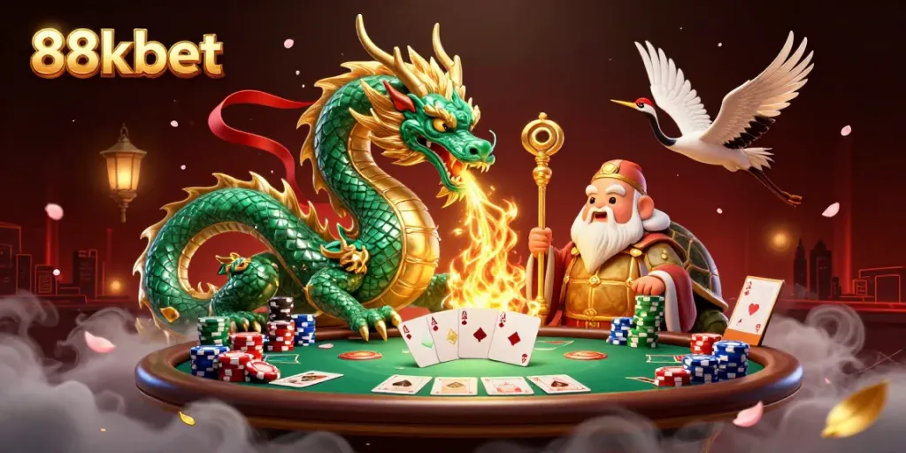 Engage with the vibrant 88kbet scene featuring mythical characters and poker elements in a captivating casino atmosphere.