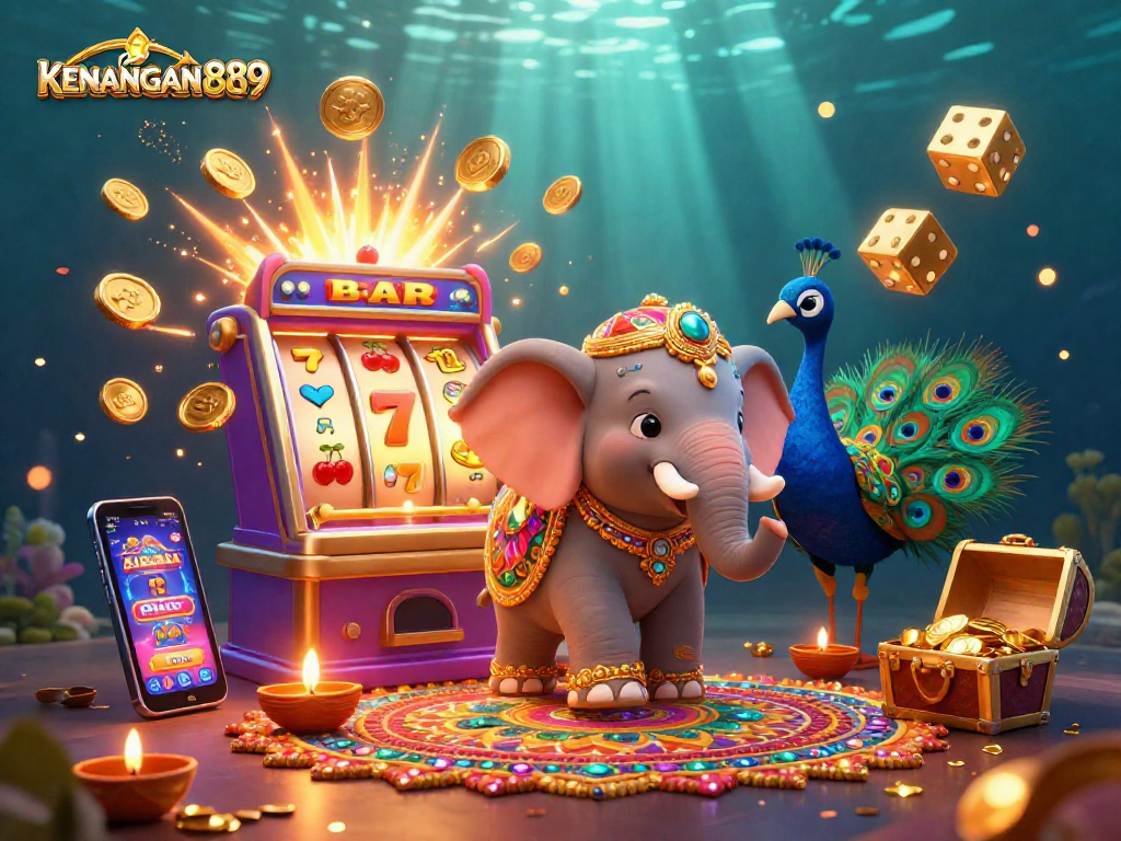 Engage with KENANGAN889 in a vibrant jackpot adventure with a Diwali-themed elephant and dynamic casino elements.