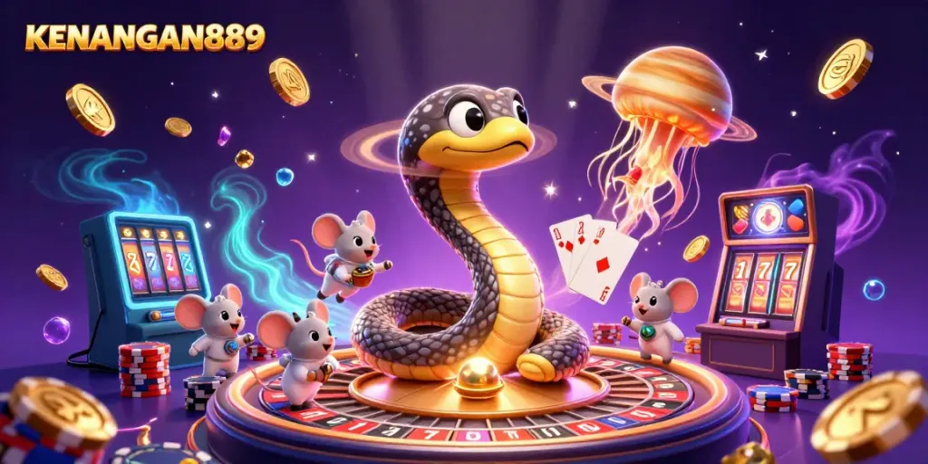 Engage with KENANGAN889's gaming universe, featuring interactive 3D elements and vibrant scenes.