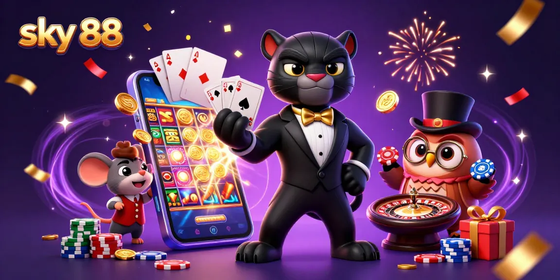 Experience the excitement of sky 88 with this vibrant 3D casino illustration showcasing playful characters and dynamic game elements.