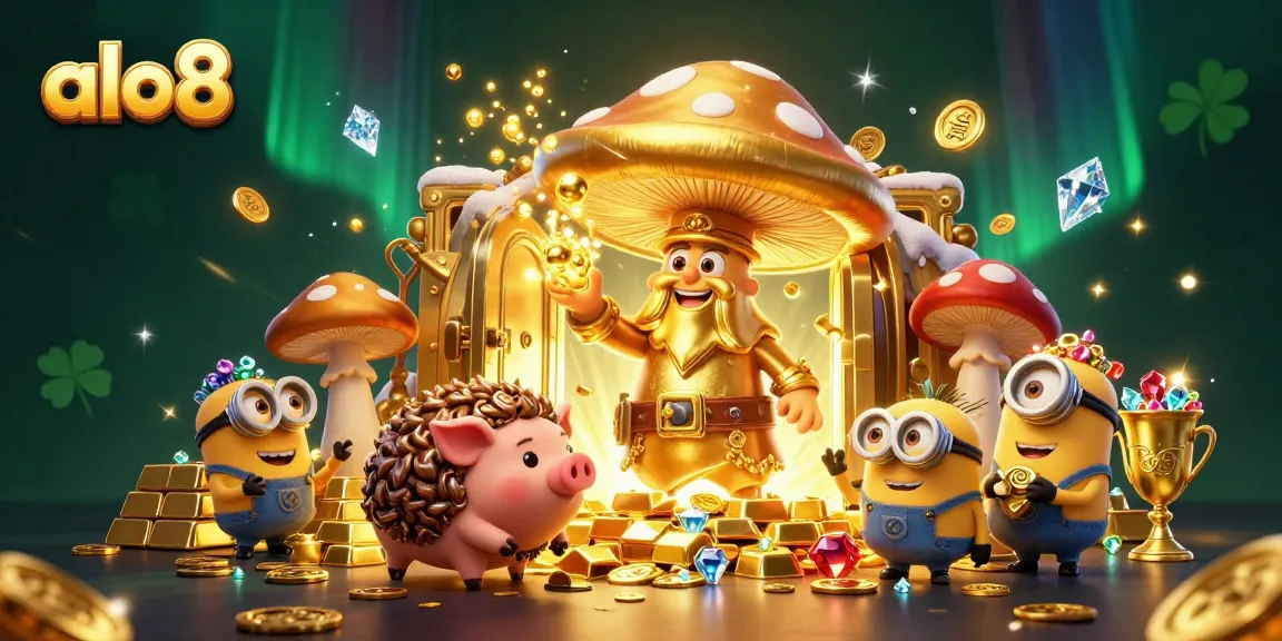 Engage with the magical charm of ALO8 as the golden mushroom wizard channels fortune amidst sparkling treasures.