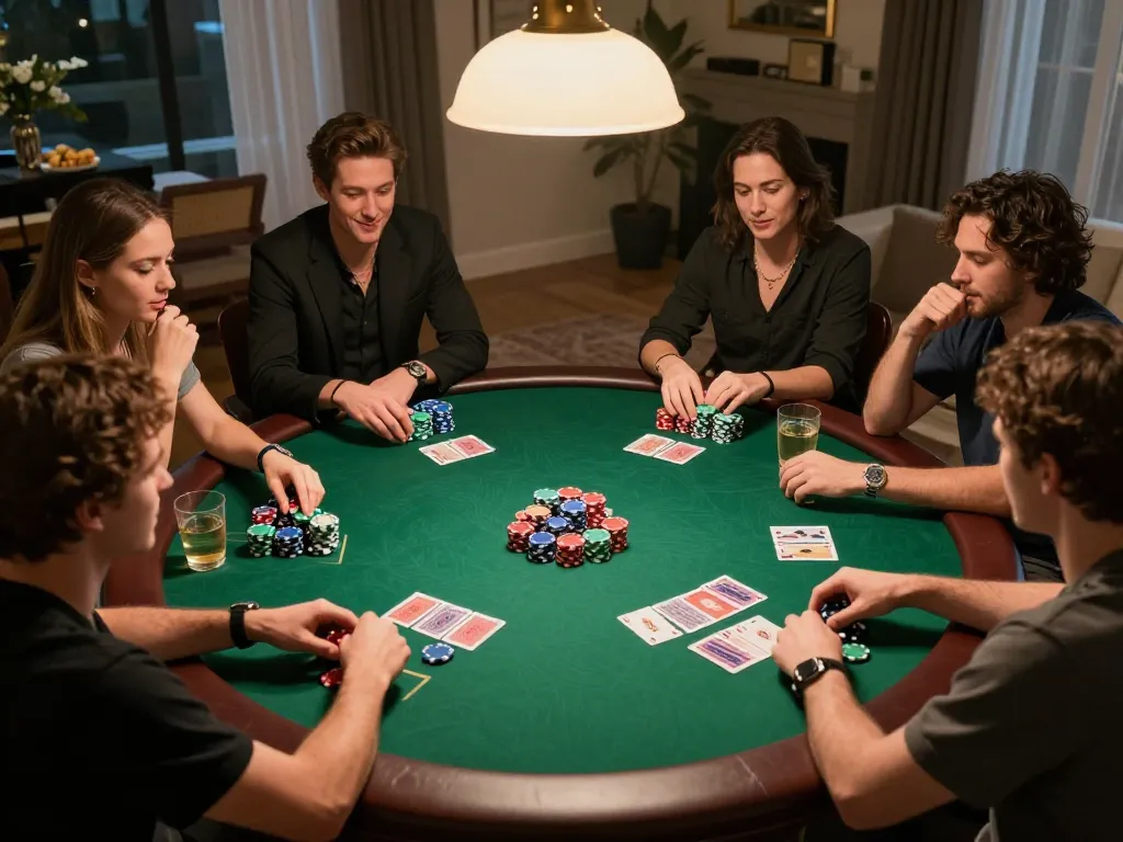 Players enjoying a competitive poker night with maxpoker88 chips and cards on a stylish green felt table