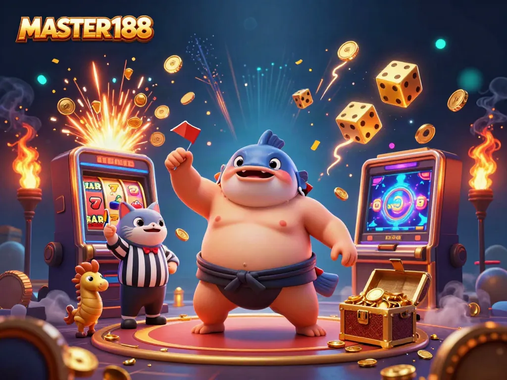 Spin and win with MASTER188 in this vibrant underwater casino scene featuring a fugu in a sumo belt.