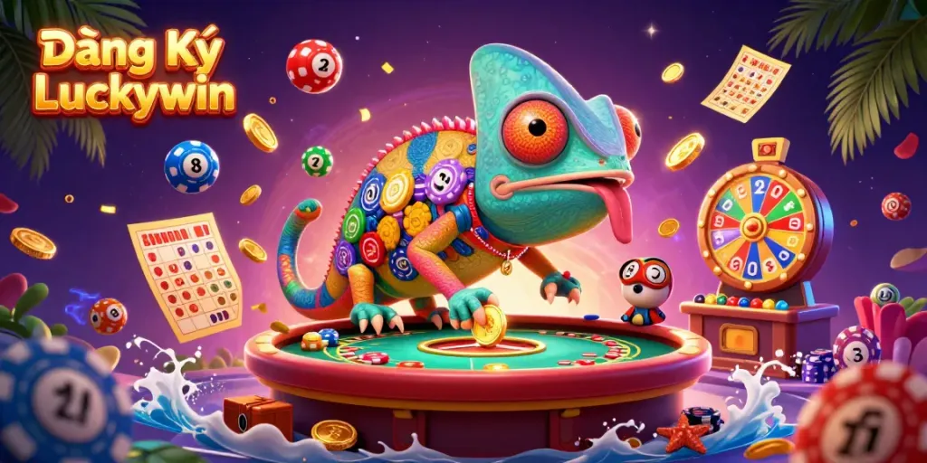 Play lottery and casino games efficiently with Đăng Ký Luckywin, featuring vibrant game elements in an energetic scene.