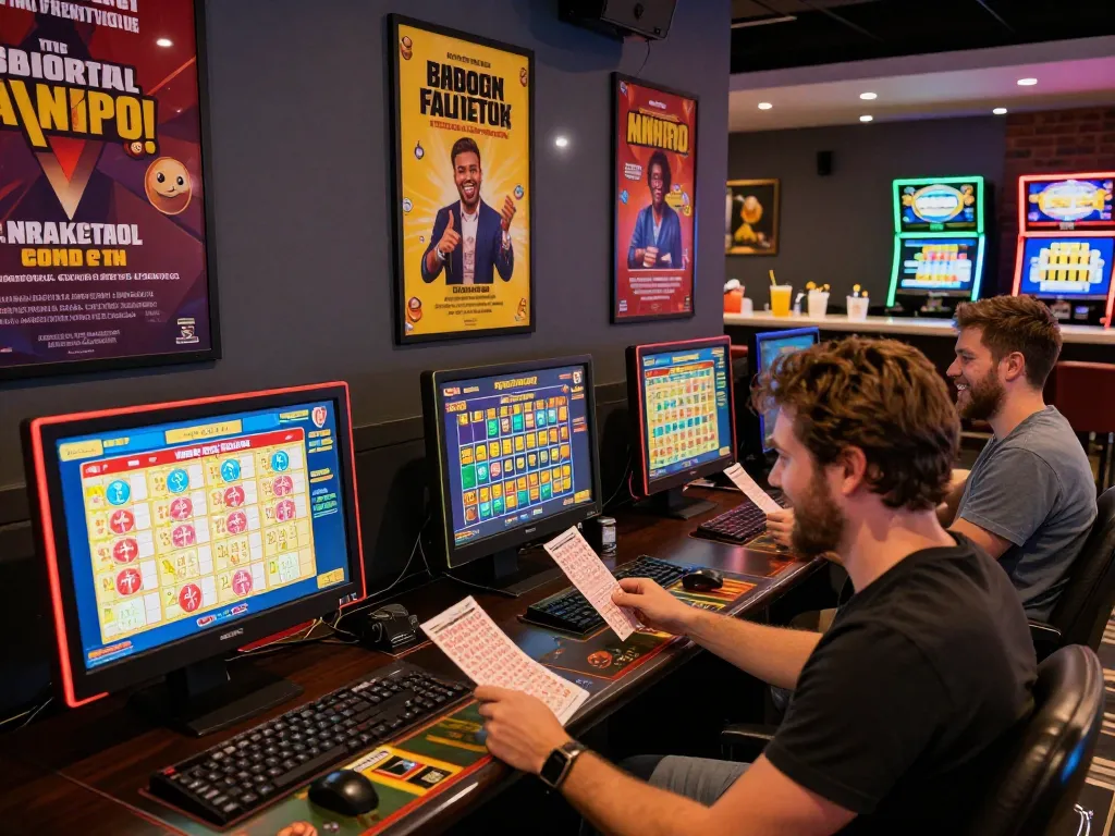 Exciting gaming lounge scene at wraungtoto where players engage in lottery games and share moments.