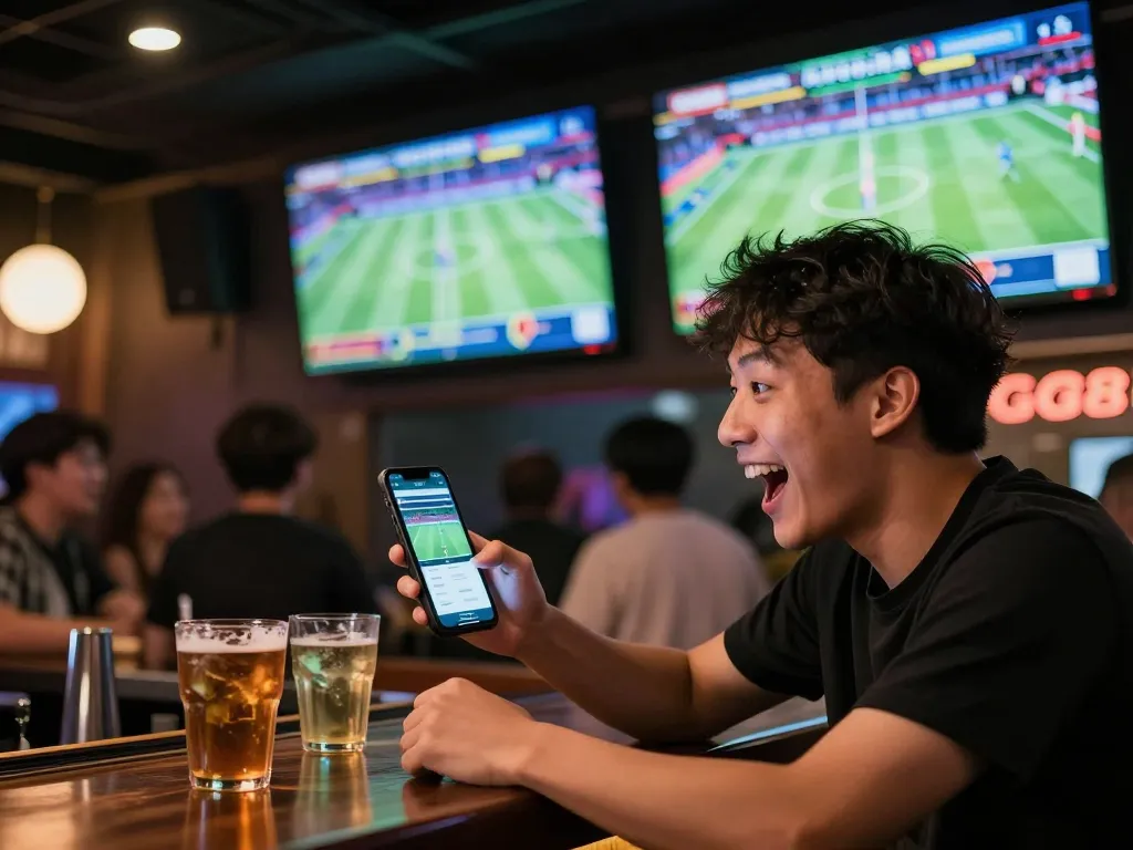 GG88 user engaged in sports betting action at a lively bar, excitement visible on face while using mobile app.