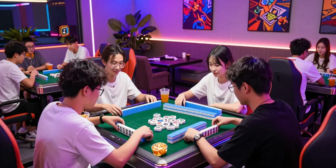 Exciting Mahjong game setup featuring MAHJONGJP88 Official tiles, friends enjoying snacks and drinks in a vibrant gaming lounge.