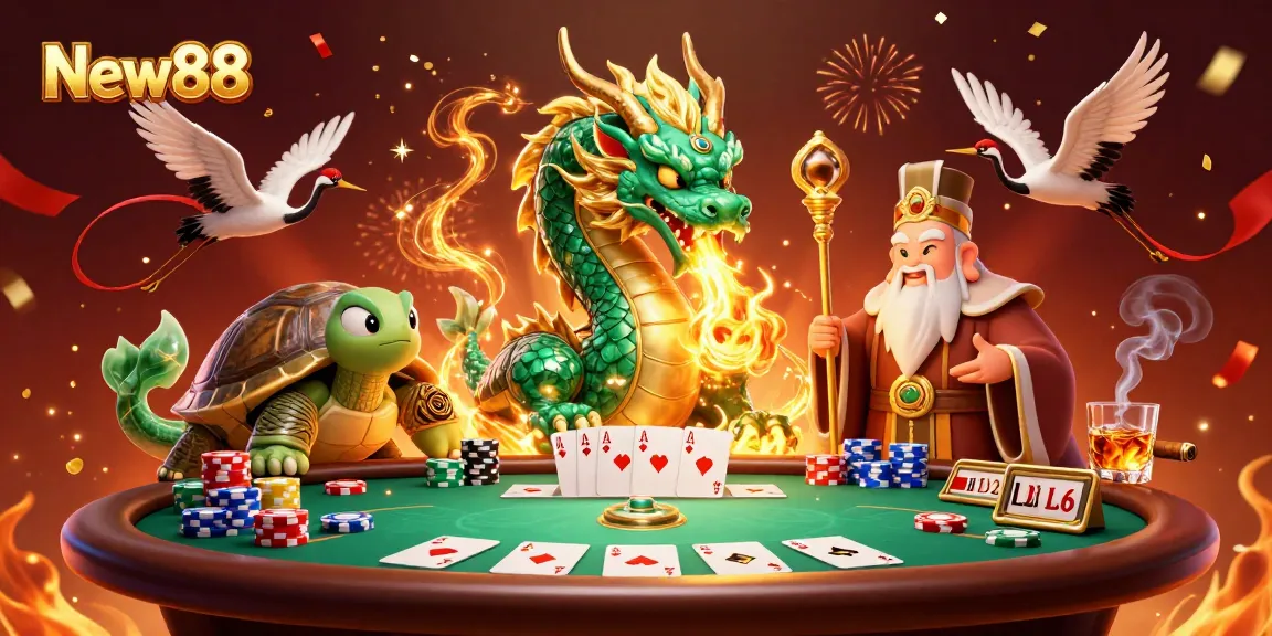 Experience thrilling gaming at New88 with our vibrant casino atmosphere, poker tables, and lucky symbols.