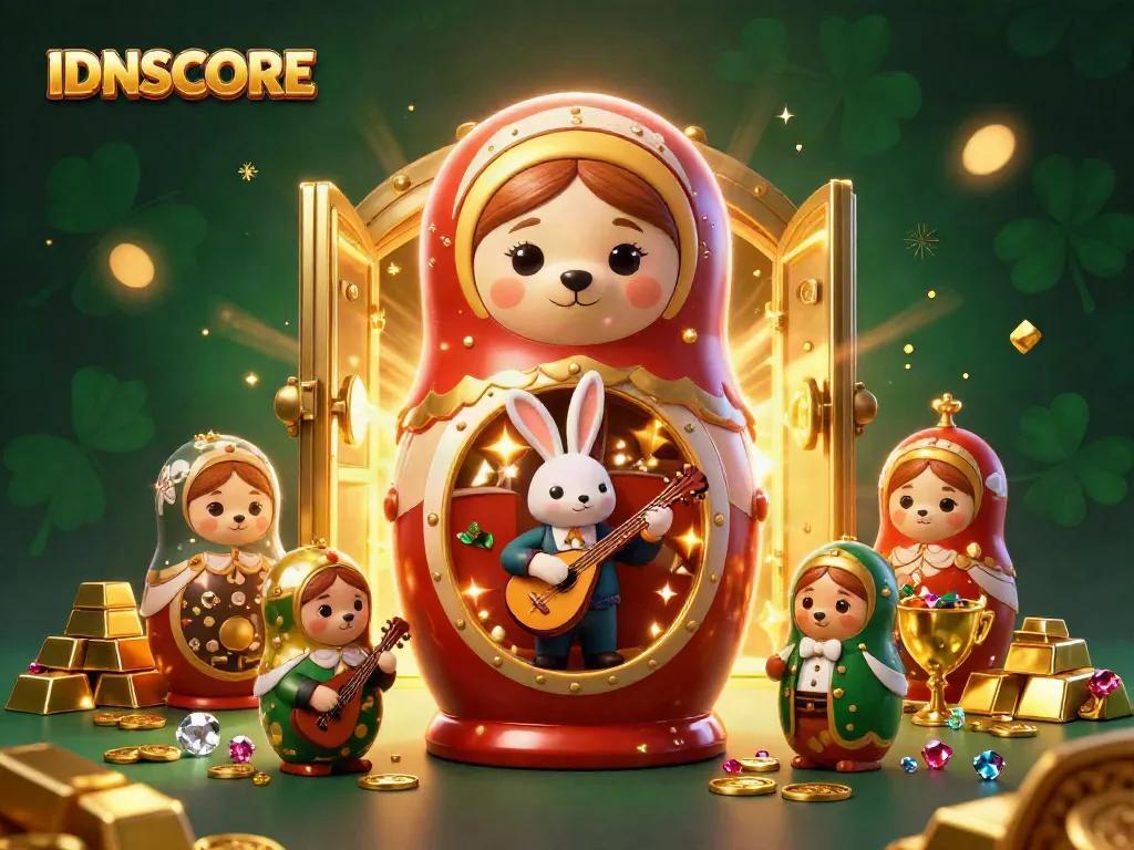 IDNSCORE showcases colorful casino-themed characters in a vibrant treasure-filled scene