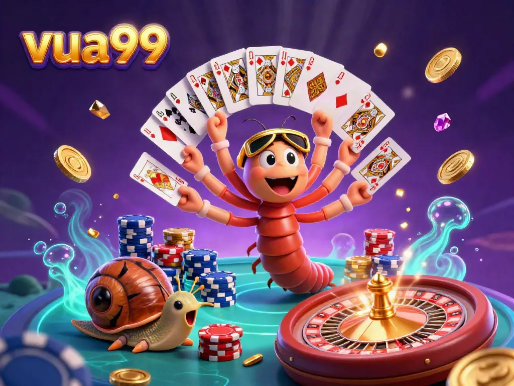 Experience the vibrant energy of the vu99 casino with a whimsical dealer in a dynamic gaming scene.