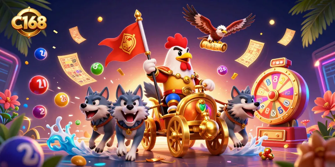 C168 offers an exhilarating adventure with a rooster warlord racing through vibrant casino elements in this dynamic scene.