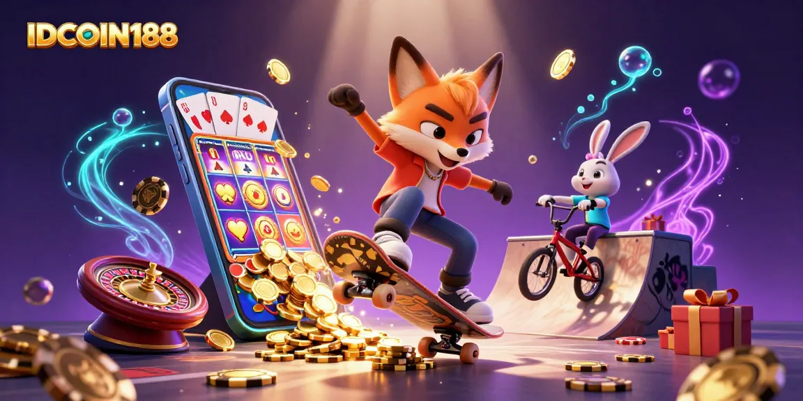 IDCOIN188 showcases a thrilling scene of a fox and rabbit in a vibrant casino illustration.