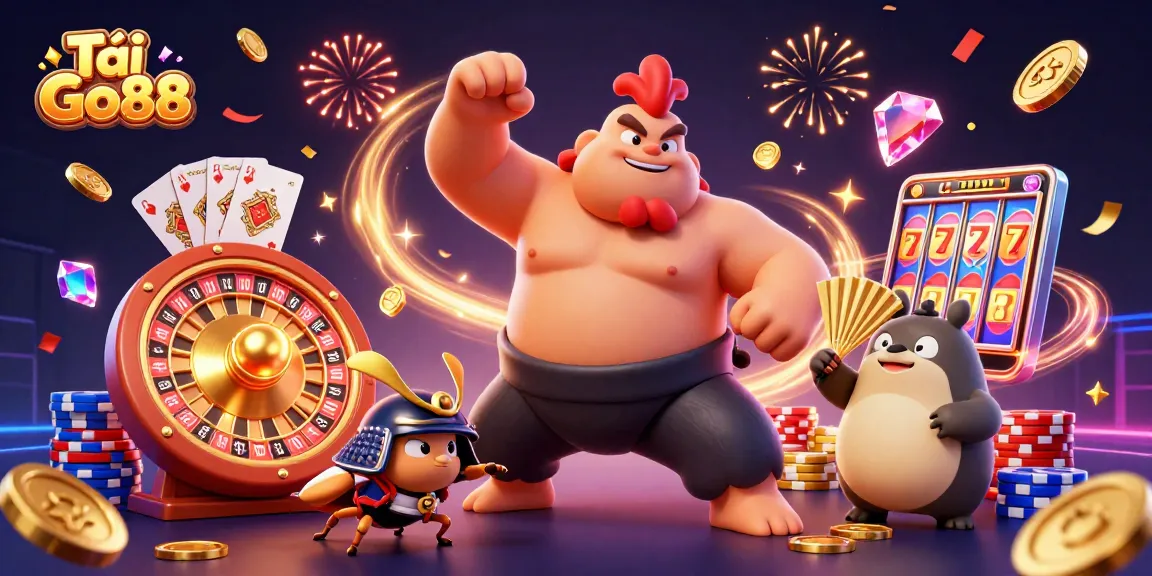 Tải Go88 and win exciting rewards with a dynamic 3D scene featuring a powerful sumo rooster, fierce cricket, and announcer with gold coins and gaming elements.
