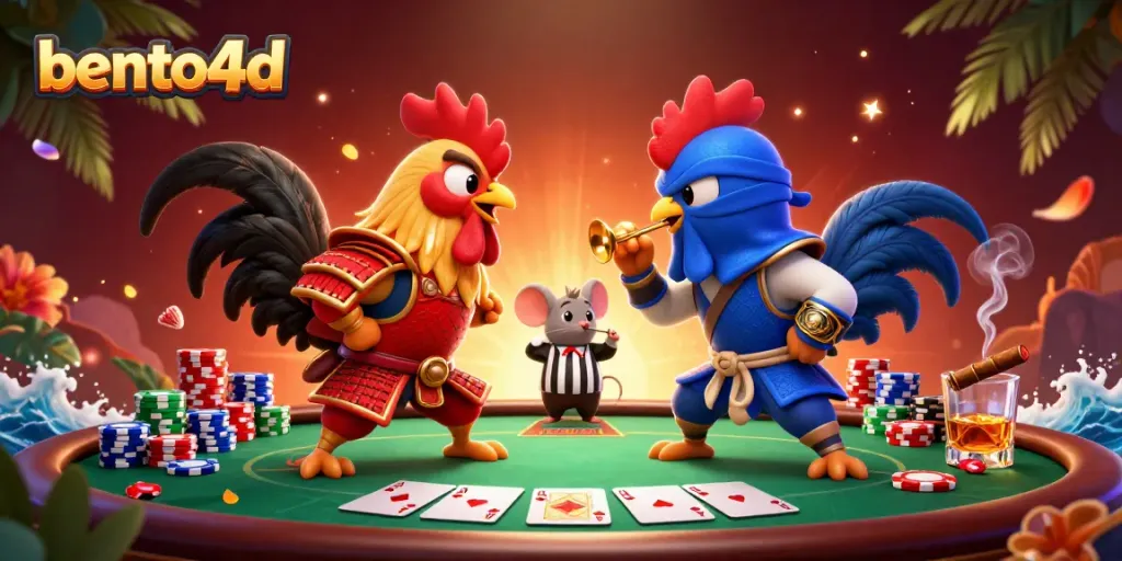 Bento4d launches an exhilarating poker showdown with cartoon roosters and colorful chips.