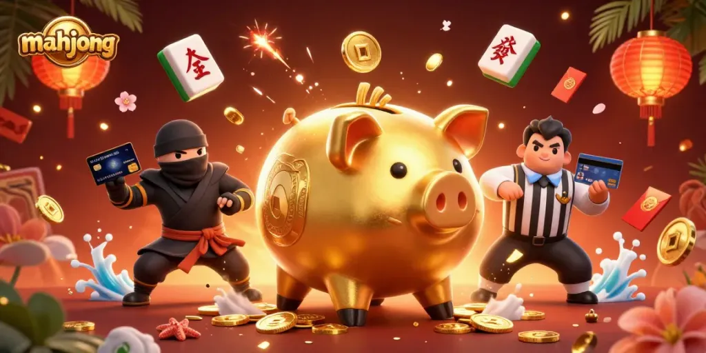 Engage in mahjong action with a vibrant scene of 3D characters surrounded by decorative elements for a casino atmosphere.