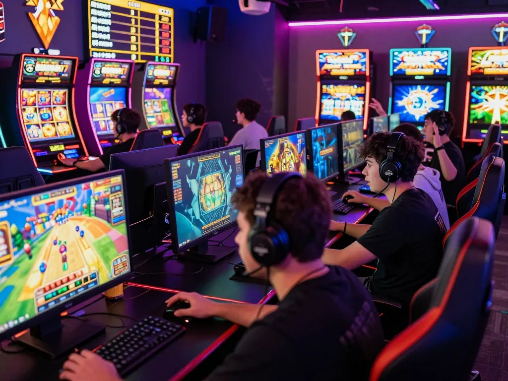 Players engaging in a lively VEGASSLOT77 online gaming session with vibrant graphics and neon lighting.