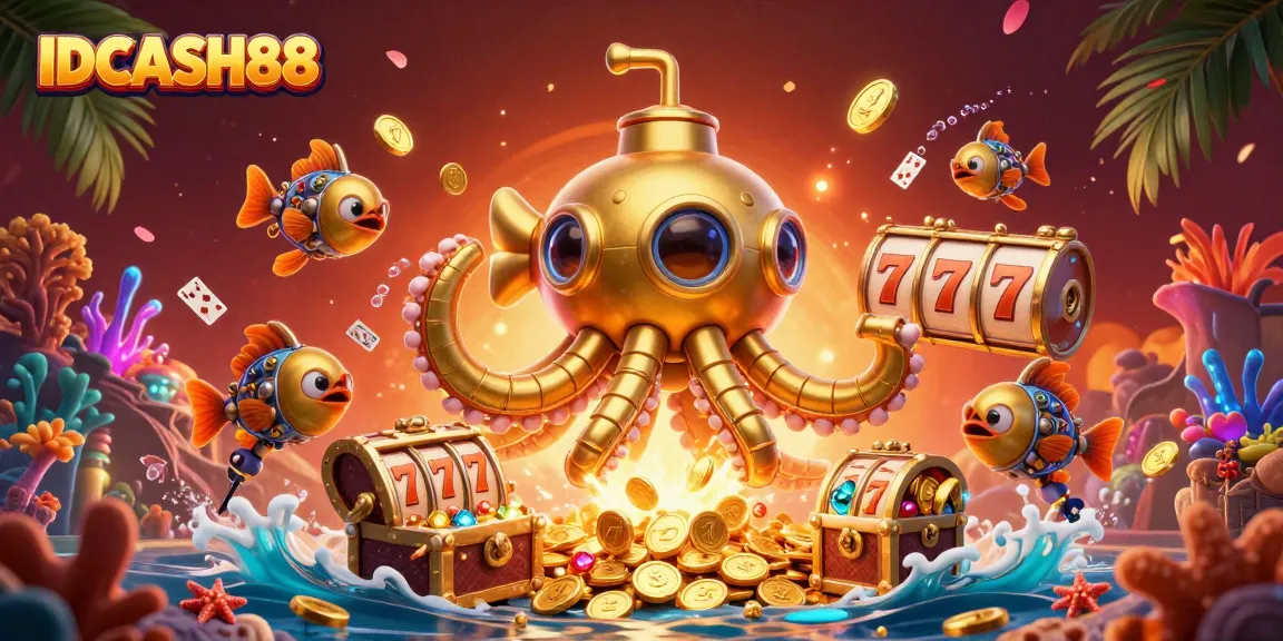 Experience thrilling gameplay at IDCASH88 with rich visual detail including slots, golden krakens, and treasures.
