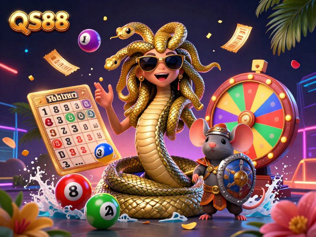 Experience the vibrant excitement of QS88 with lottery-themed game elements and dynamic characters in 3D.