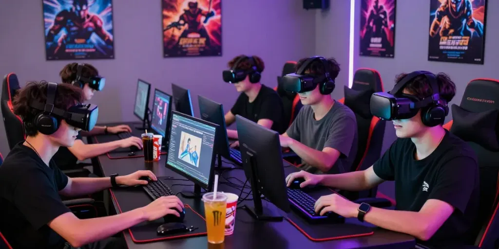 Men enjoying online gaming competition at a vibrant gaming lounge, showcasing manclub's exciting community.