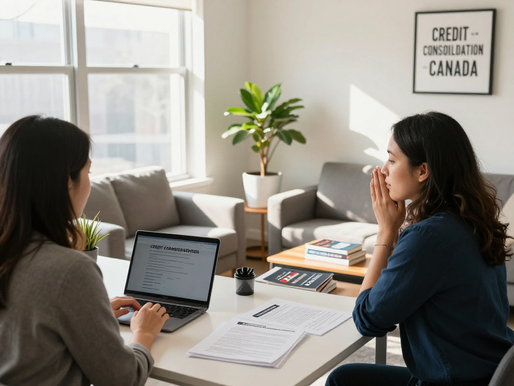 Client discussing Credit Consolidation Canada in a welcoming counseling office.