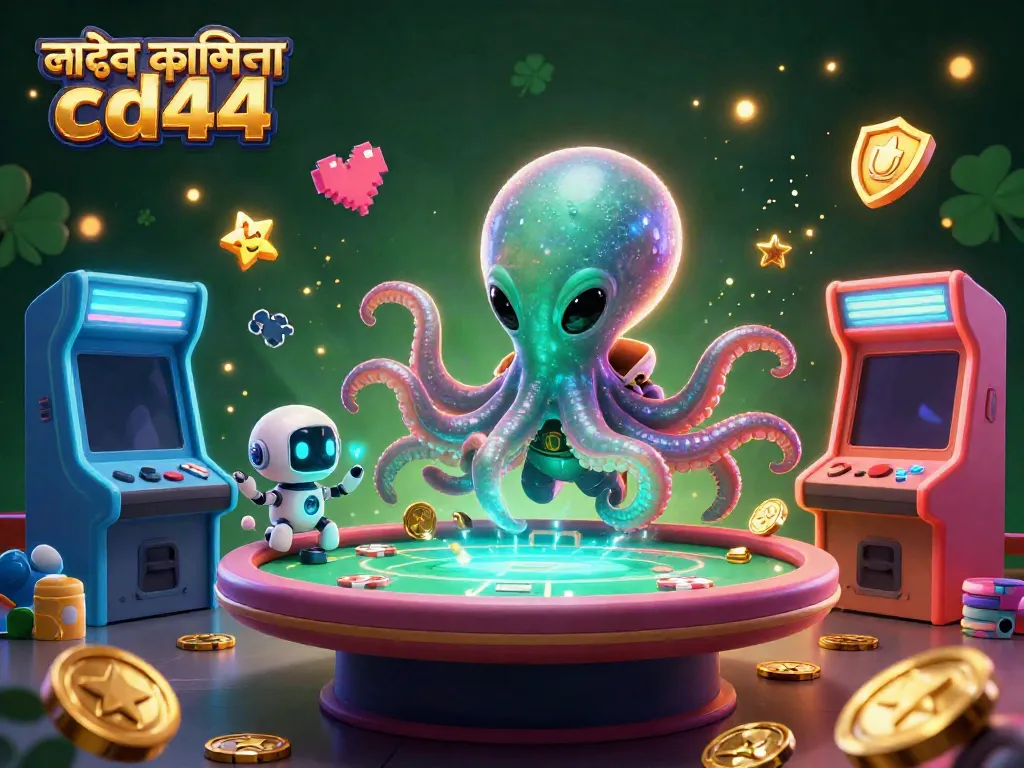 Engage in thrilling experiences at লাইভ ক্যাসিনো cd44 with a vibrant 3D illustration of an alien octopus and poker game elements.