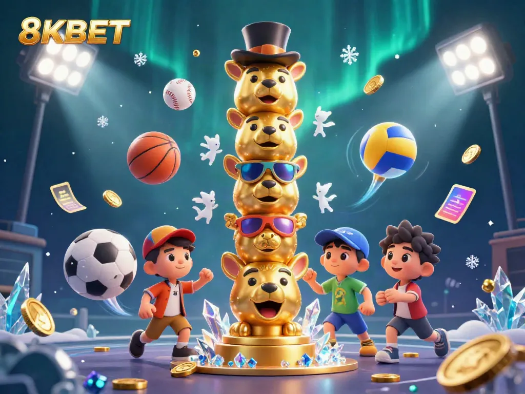 Experience the thrilling world of 8KBET with vibrant casino-themed 3D illustration featuring dynamic sports elements and a golden totem.