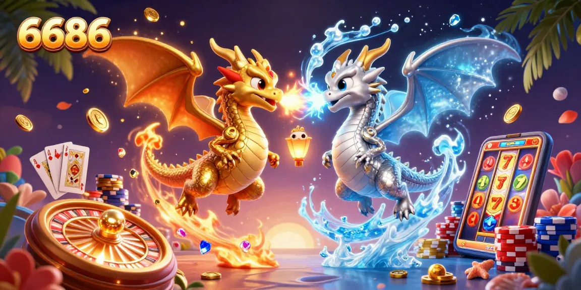 Experience thrilling gaming with 6686, showcasing twin dragons and a vibrant casino atmosphere.