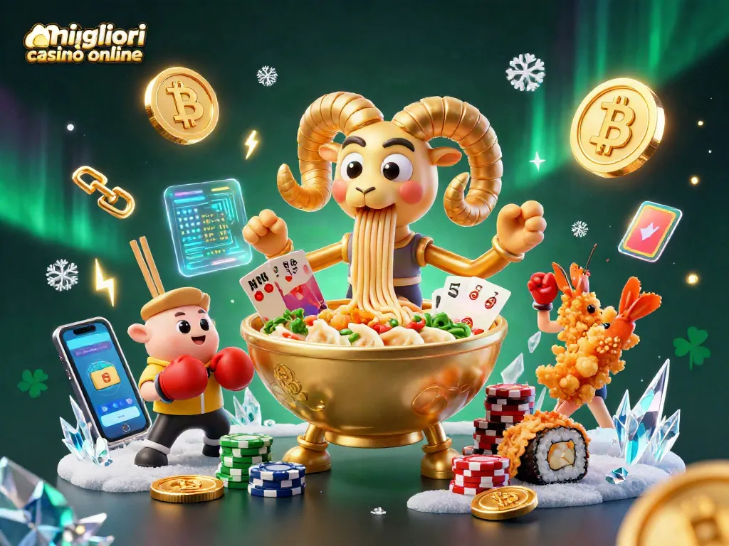 I migliori casinò online mostrano un'illustrazione di un ramen d'oro con elementi di gioco e crypto