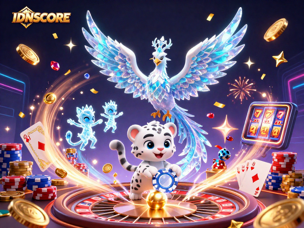 Explore thrilling winning strategies at IDNSCORE with cartoon characters in a vibrant casino scene.