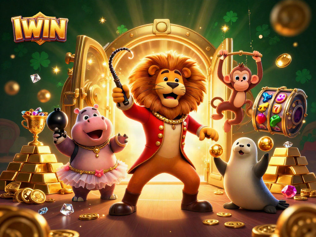 IWIN energizes gamblers with vibrant 3D circus characters amidst spinning slot reels and precious gems.