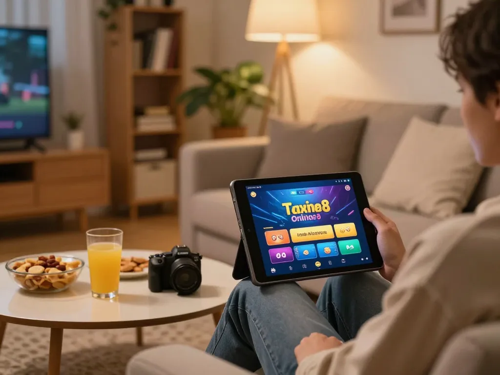 Engaging with the taixiuonline8 app for online gaming in a cozy home atmosphere.