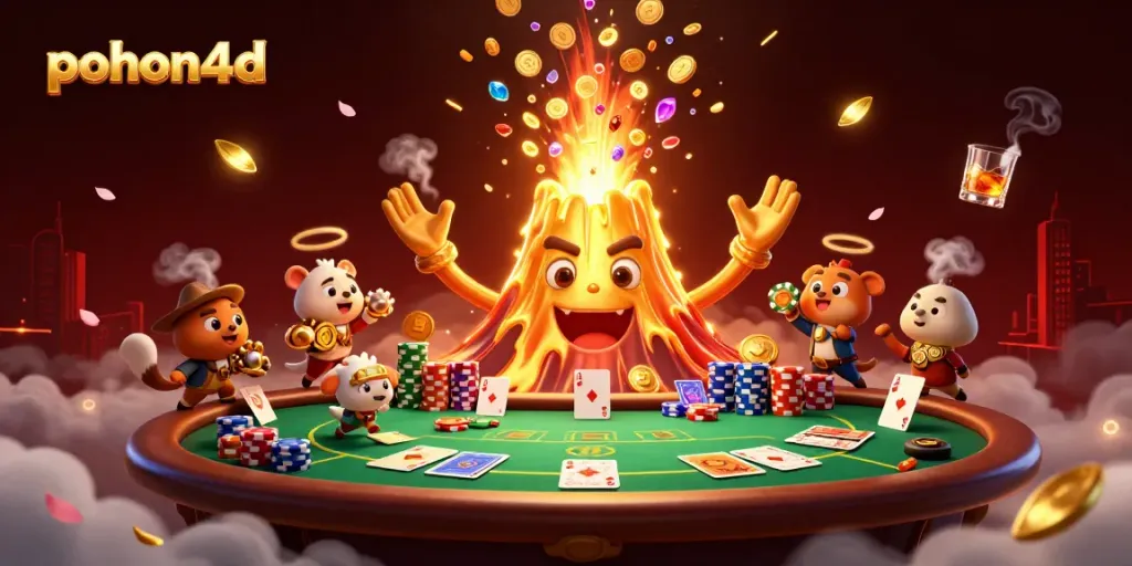 Pohon4d triumphantly illustrates a golden volcano erupting coins amid poker gaming excitement.