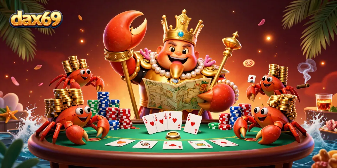 Dax69 menampilkan raja kepiting emas dengan peta harta karun di kasino, menciptakan suasana perjudian yang menarik