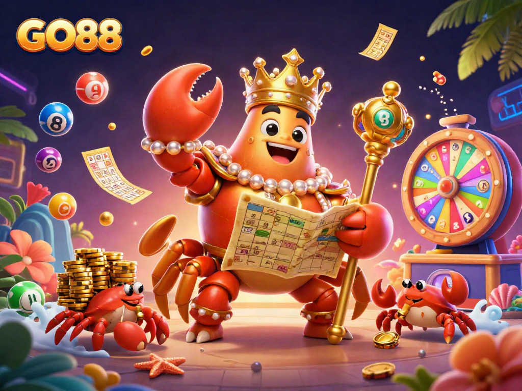 Engage with GO88 as a vibrant crab emperor orchestrates a lavish casino scene of winning and excitement.