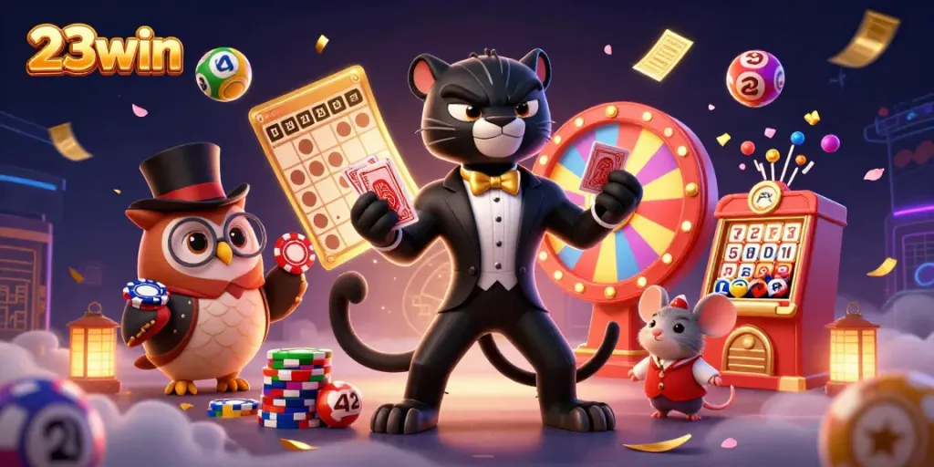 Experience the excitement of 23win with vibrant characters in a dynamic casino scene, showcasing thrilling lottery and gaming elements.