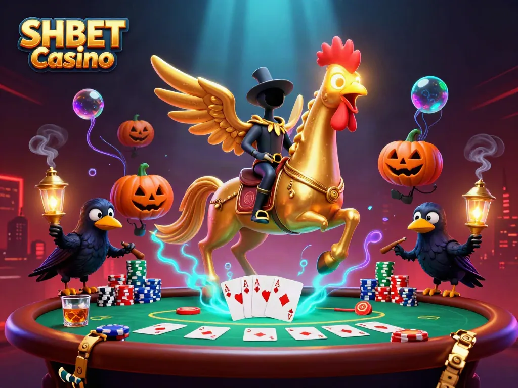 Experience thrilling play at SHBET Casino, where a golden rooster and spectral horse navigate a vibrant poker scene.