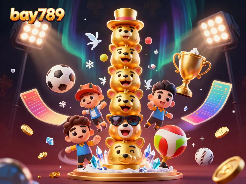 Engage with bay789's dynamic casino theme illustrated through 3D cartoon art combining gaming elements.