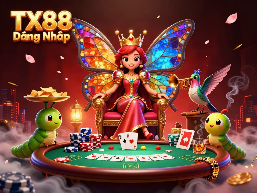 Experience thrilling poker action with TX88 Đăng Nhập featuring vibrant illustration of a butterfly queen and poker elements.