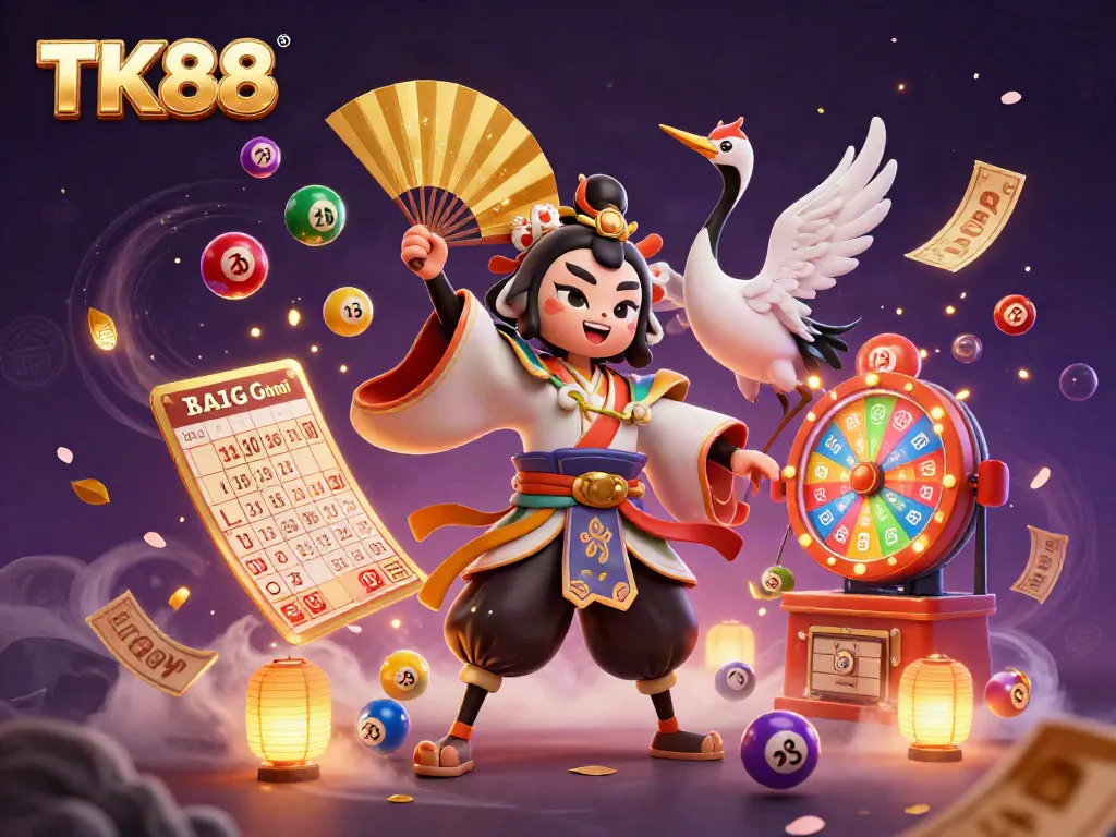 Experience thrilling gameplay with TK88's kabuki warrior in a vibrant casino scene.