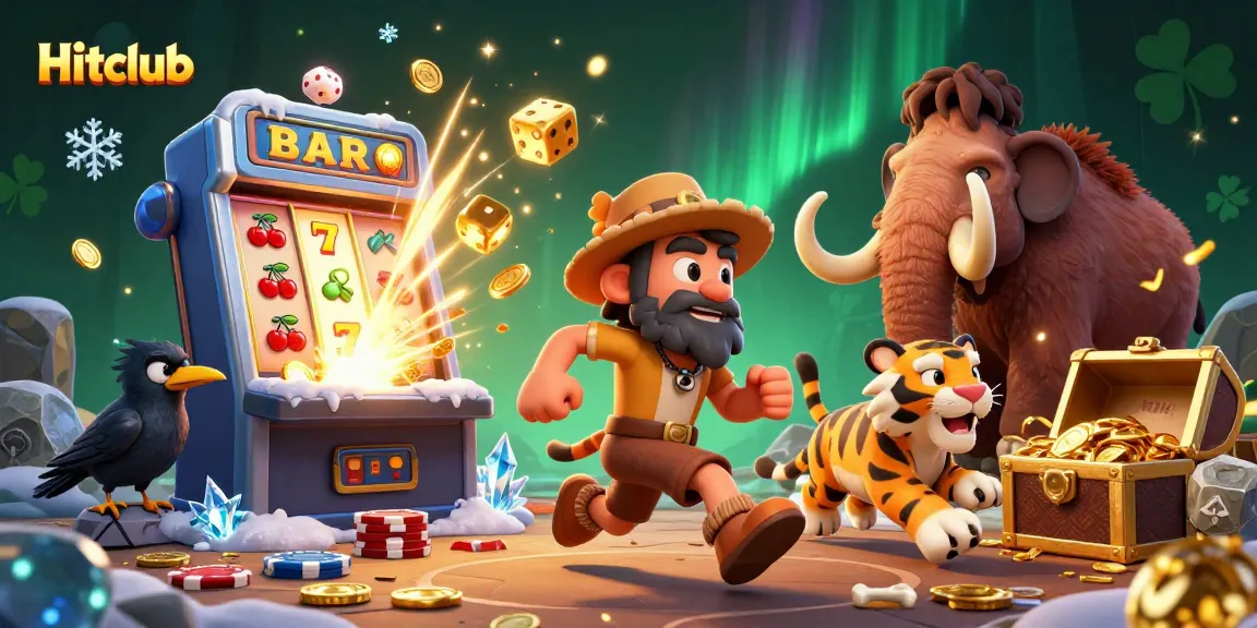 Experience the thrilling essence of Hitclub's casino games with a lively caveman, sabertooth tiger, and clever crow amidst a jackpot explosion.