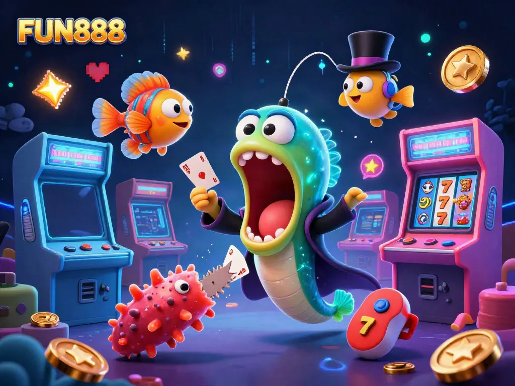 Experience thrilling gaming adventures with FUN888, featuring a magical deep-sea scene filled with casino excitement and dynamic characters.